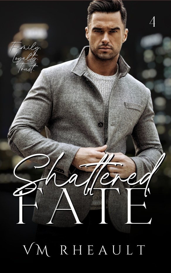 book cover of shattered fate.  handsome man wearing grey coat with a city background