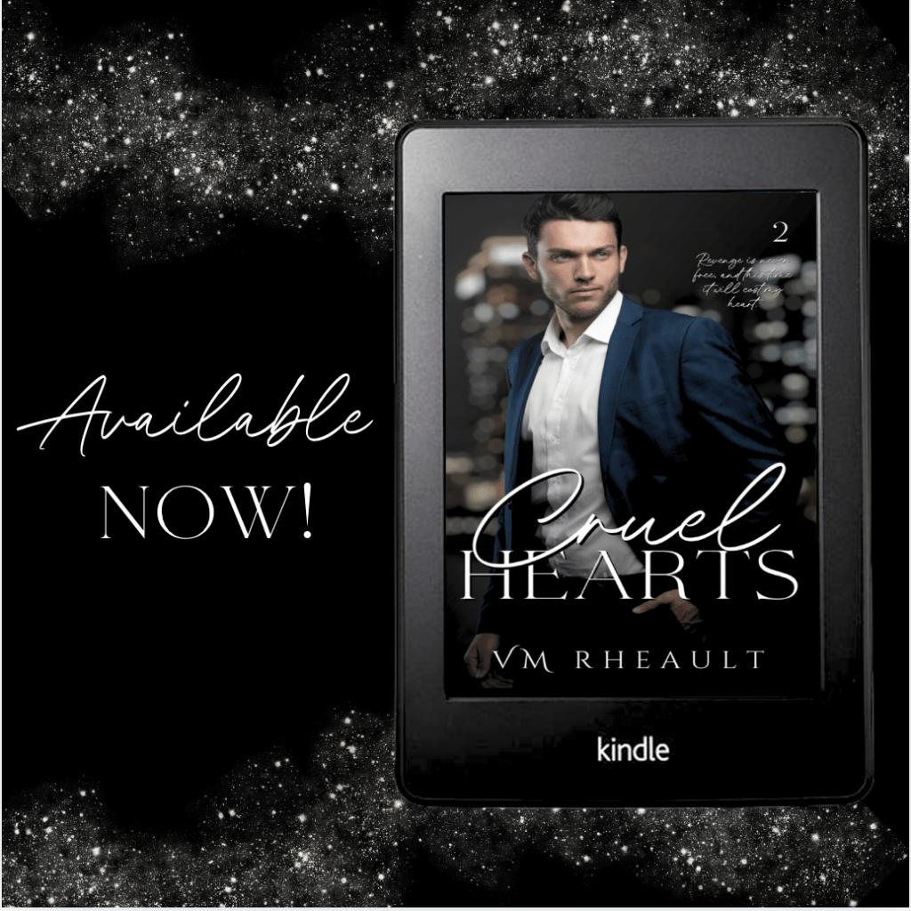 graphic of Cruel Hearts. Cook cover appears to be on a Kindle Screen on black background with silver glitter