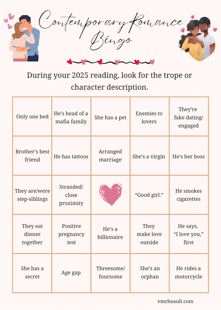 pink bingo card. squares consist of things like, enemies to loves, fake dating, "good girl" and more. free square is a pink heart