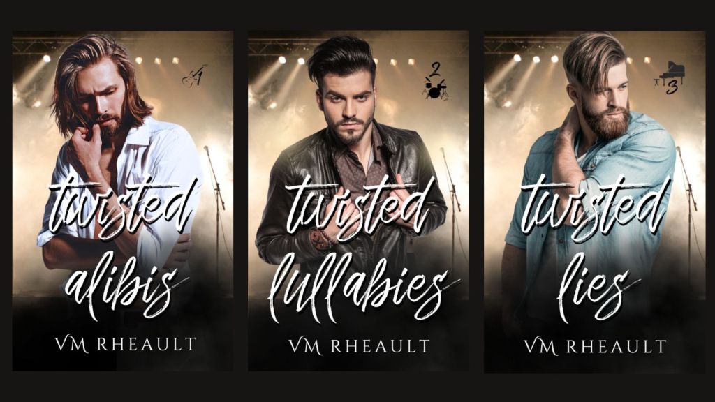 three book covers.  three men, one dressed in white shirt, one dressed in brown leather jacket one dressed in denim shirt.  stage background with microphone

book titles, twisted alibis, twisted lullabies, twisted lies