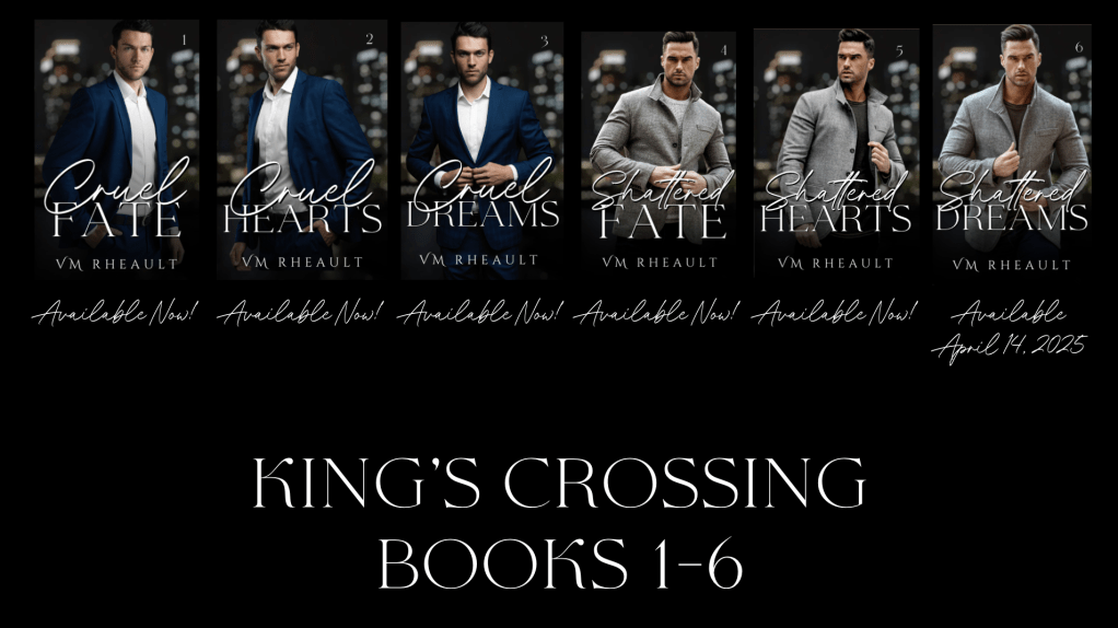 six book covers of king's crossing series.   books 1-5 are available now.  book six is available april 14, 2025. black back ground