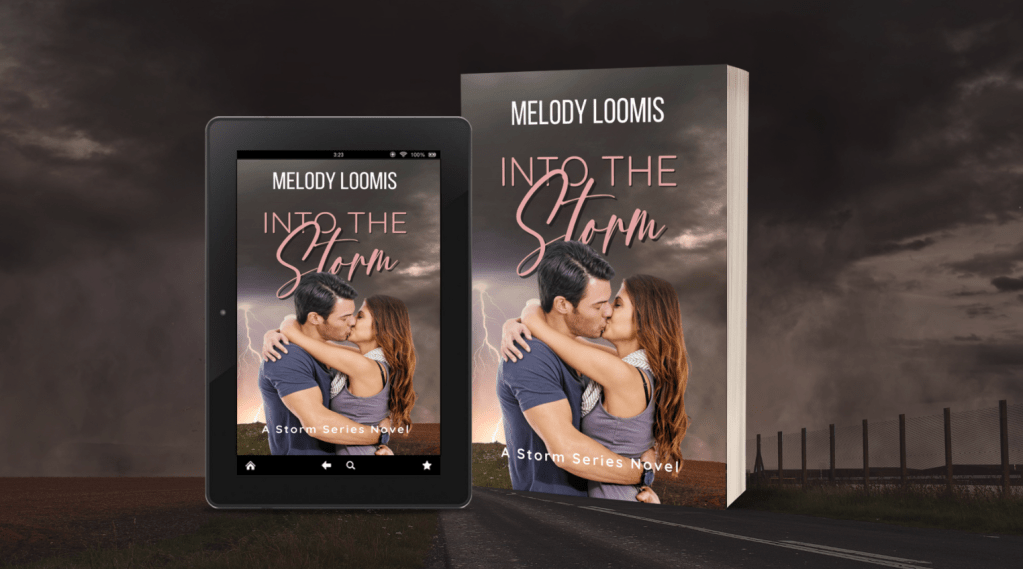 picture of into the storm book cover. couple kissing in front of a storm background. grey clods pink lightning. the title is into the storm, author melody loomis
