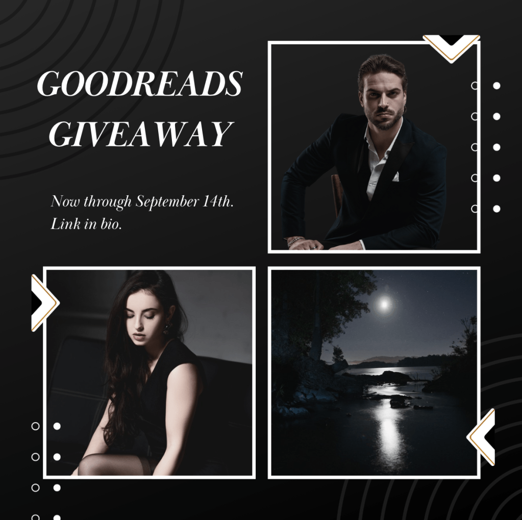 aesthetic of Loss and Damages. black and white. man wearing tux in one corner, dark-haired woman wearing black dress in another corner, and a lake with a moon shining on the water is in the last corner. 

text reads, goodreads giveaway. now through september 14