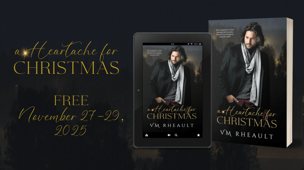 on black background, book cover, a heartache for christmas, shown on a kindle and in paperback. text says, a heartache for christmas, free, november 27th-29 2025