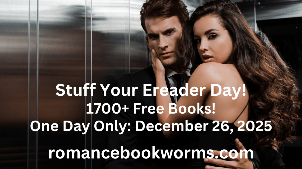 man wearing suit and woman wearing black dress standing in elevator.  text reads:

stuff your ereader day. 1700+ free books. on day only december 26th 2025

romancebookworms.com