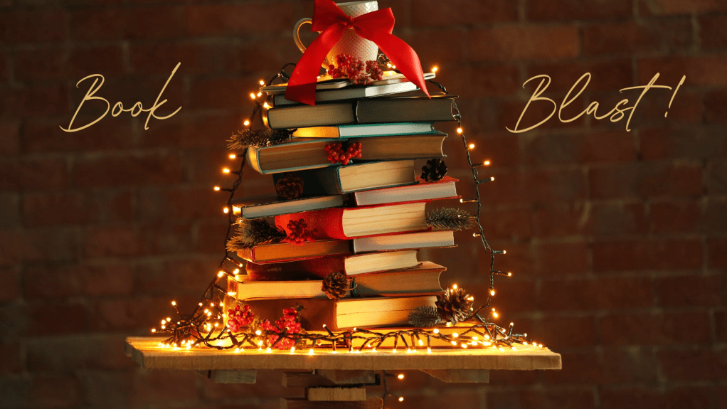 "christmas tree" made out of hardcover books. twinkle lights. text says book blast!