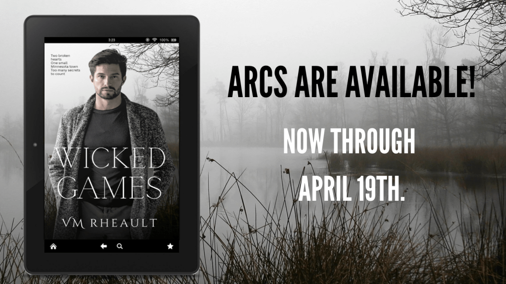 foggy lake background

picture of book cover on tablet

text says. arcs are available. now through april 19th