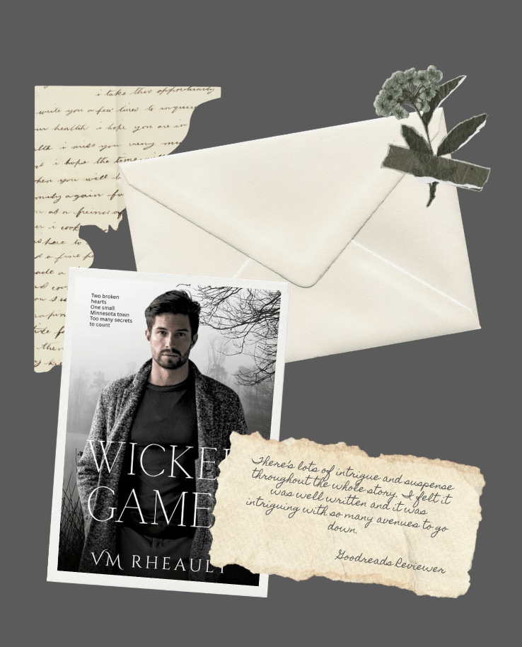 Promotional graphic for Wicked Games by VM Rheault featuring the book cover styled as a scrapbook collage with a cream envelope, vintage paper elements, greenery, and a Goodreads reviewer quote praising the book’s intrigue and suspense.