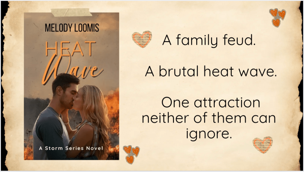 Promotional graphic for Heat Wave by Melody Loomis. The book cover appears beside the text: "A family feud. A brutal heat wave. One attraction neither of them can ignore." The design features a warm parchment background with heart accents and highlights the novel's romantic and small-town themes.