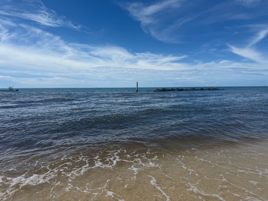 beach shoreline with blue sky and brown sand 