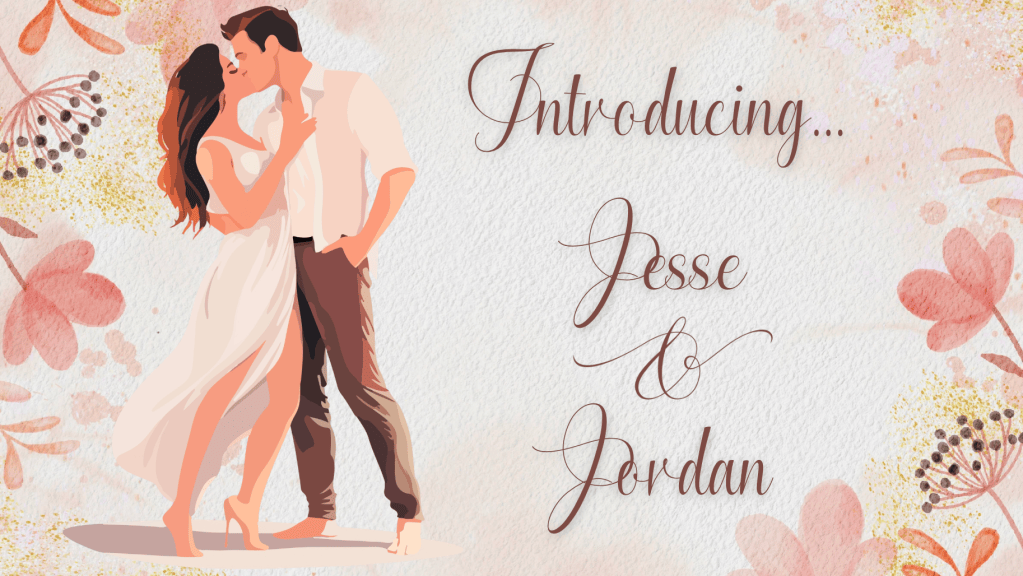 Romantic illustration of a dark-haired couple kissing, surrounded by soft pink, peach, and gold watercolor florals. Script text reads, “Introducing... Jesse & Jordan.”